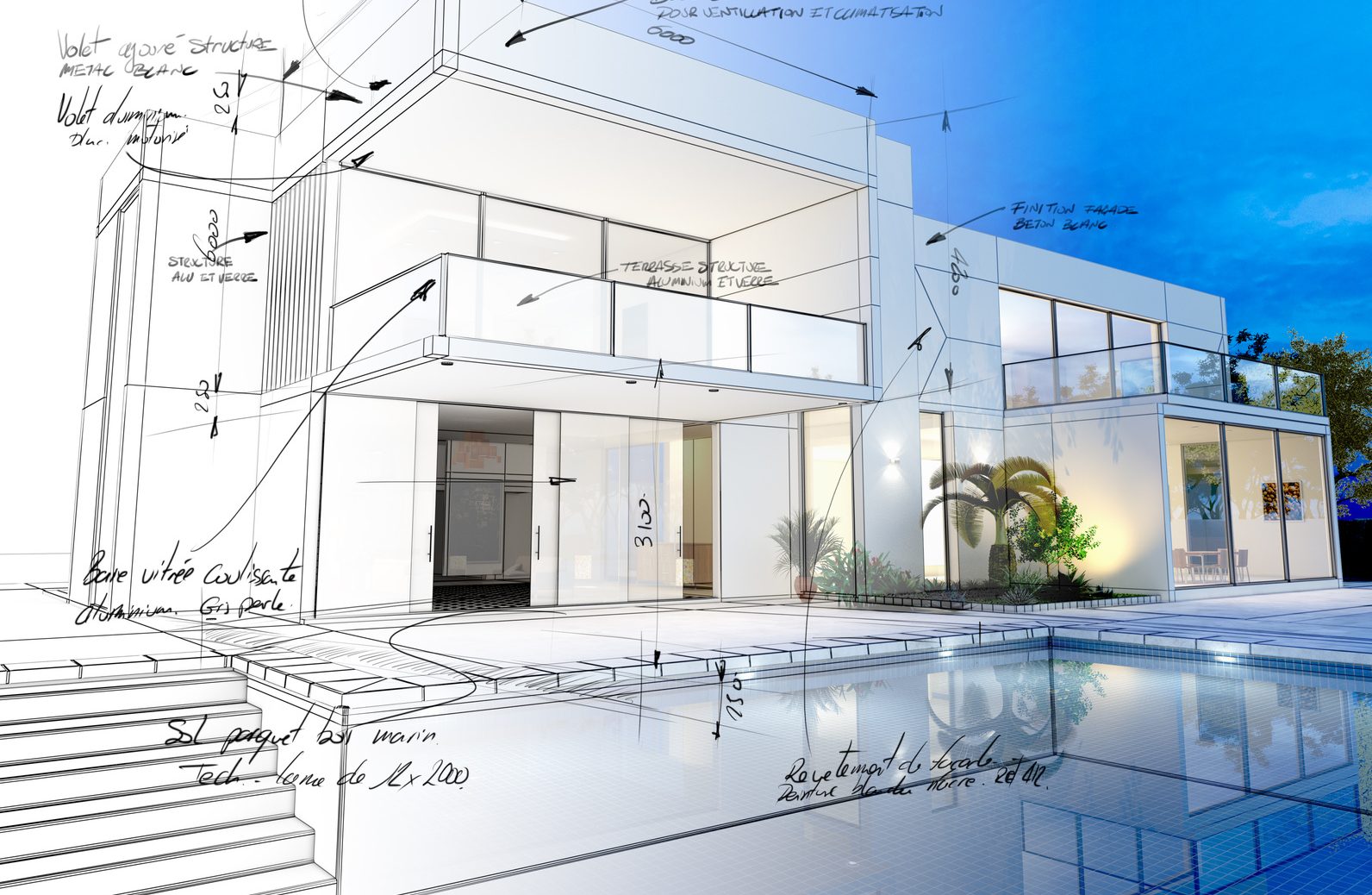 3D rendering of a luxurious villa with contrasting realistic rendering and wireframe and notes